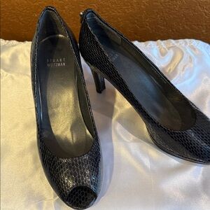 Stuart Weitzman Dark Blue Snake Skin Peep-Toe Heels